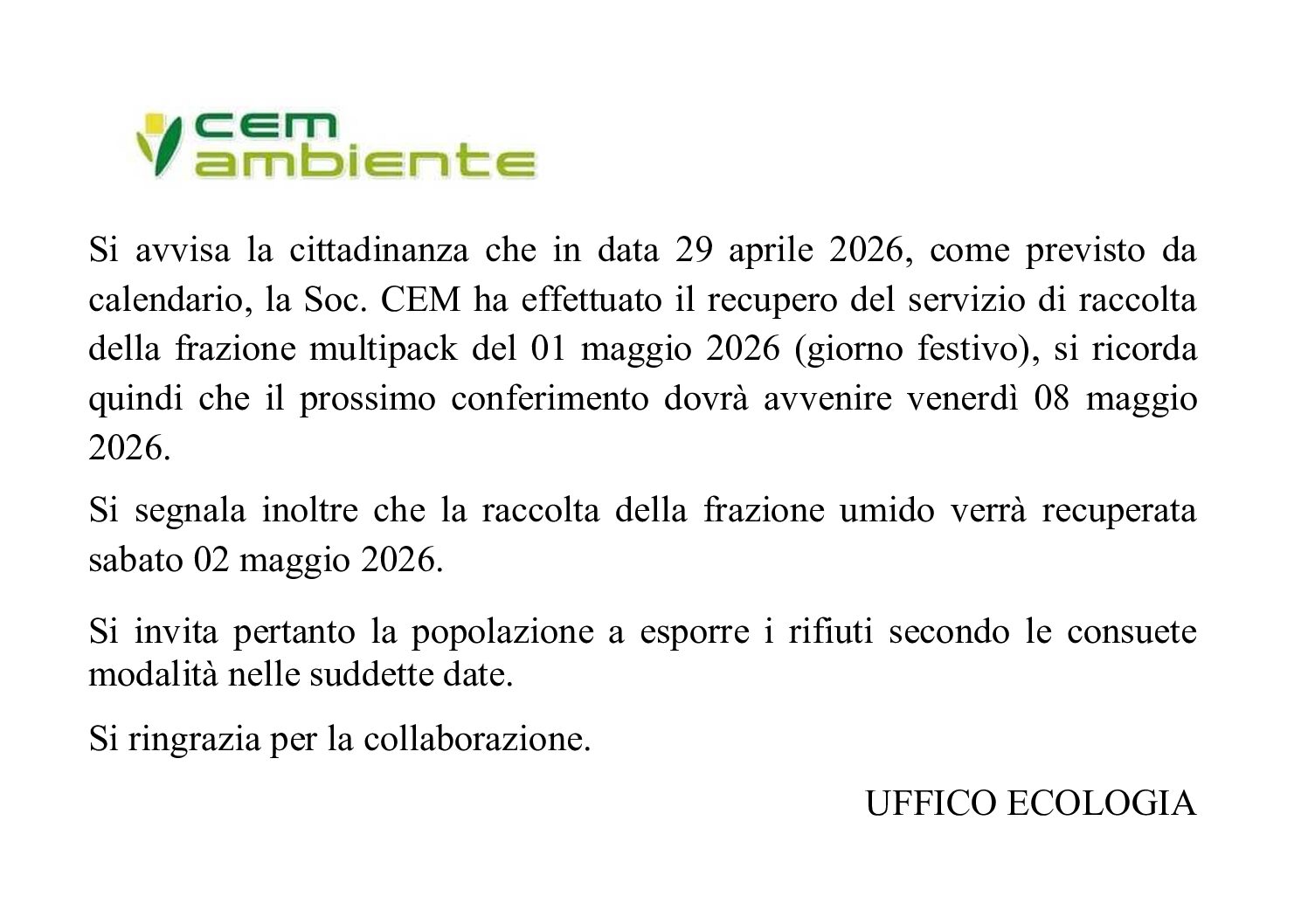 AVVISO RECUPERO SERVIZI